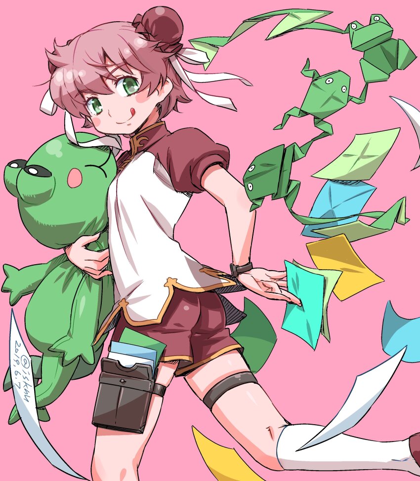 1girl absurdres anita_king blush_stickers bun_cover closed_mouth dated frog green_eyes highres isedaichi_ken looking_at_viewer origami pink_hair r.o.d_the_tv read_or_die short_hair shorts simple_background smile solo stuffed_animal stuffed_toy thigh_strap twitter_username