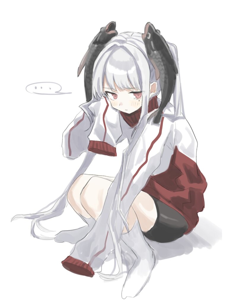 1984_(cw1000110) 1girl black_shorts fish hand_on_own_face highres light_blush long_hair long_sleeves oversized_clothes red_eyes shorts simple_background sitting socks solo speech_bubble sportswear very_long_hair white_hair white_socks