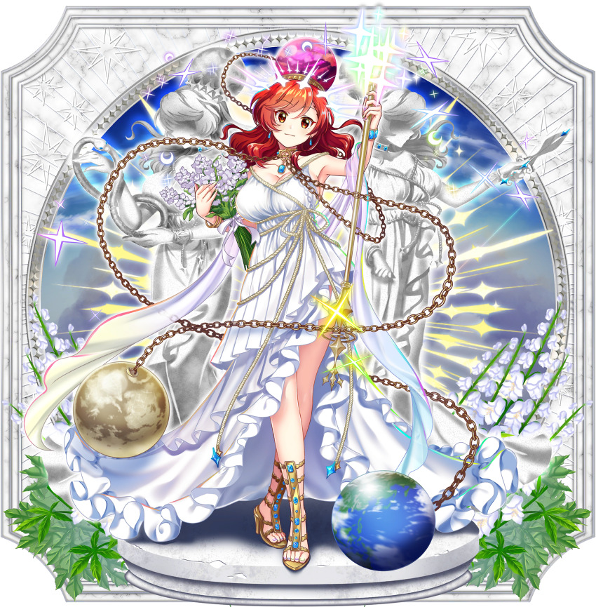 1girl alternate_costume ancient_greek_clothes bare_shoulders bouquet bracelet breasts chain choker cleavage collarbone copyright_name copyright_notice dress earth_(ornament) flower full_body game_cg gladiator_sandals greco-roman_clothes hecatia_lapislazuli hecatia_lapislazuli_(triple_white_goddess) high_heels highres holding holding_bouquet holding_flower holding_staff jewelry large_breasts legs long_hair moon_(ornament) official_art red_eyes red_hair ribbon rope rotte_(1109) sandals shoes smile staff statue thighs third-party_source toes touhou touhou_lostword underworld_(ornament) white_dress white_flower wolfsbane_(flower)