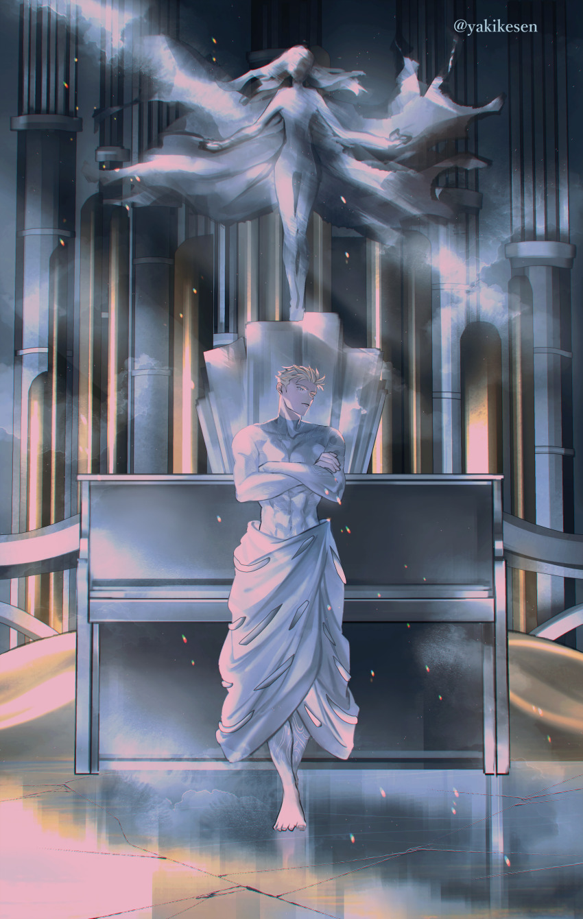 absurdres barefoot blonde_hair chromatic_aberration crossed_arms full_body highres indoors instrument light_particles millions_knives parted_lips pipe_organ short_hair solo standing topless_male trigun trigun_stampede twitter_username yakikesen