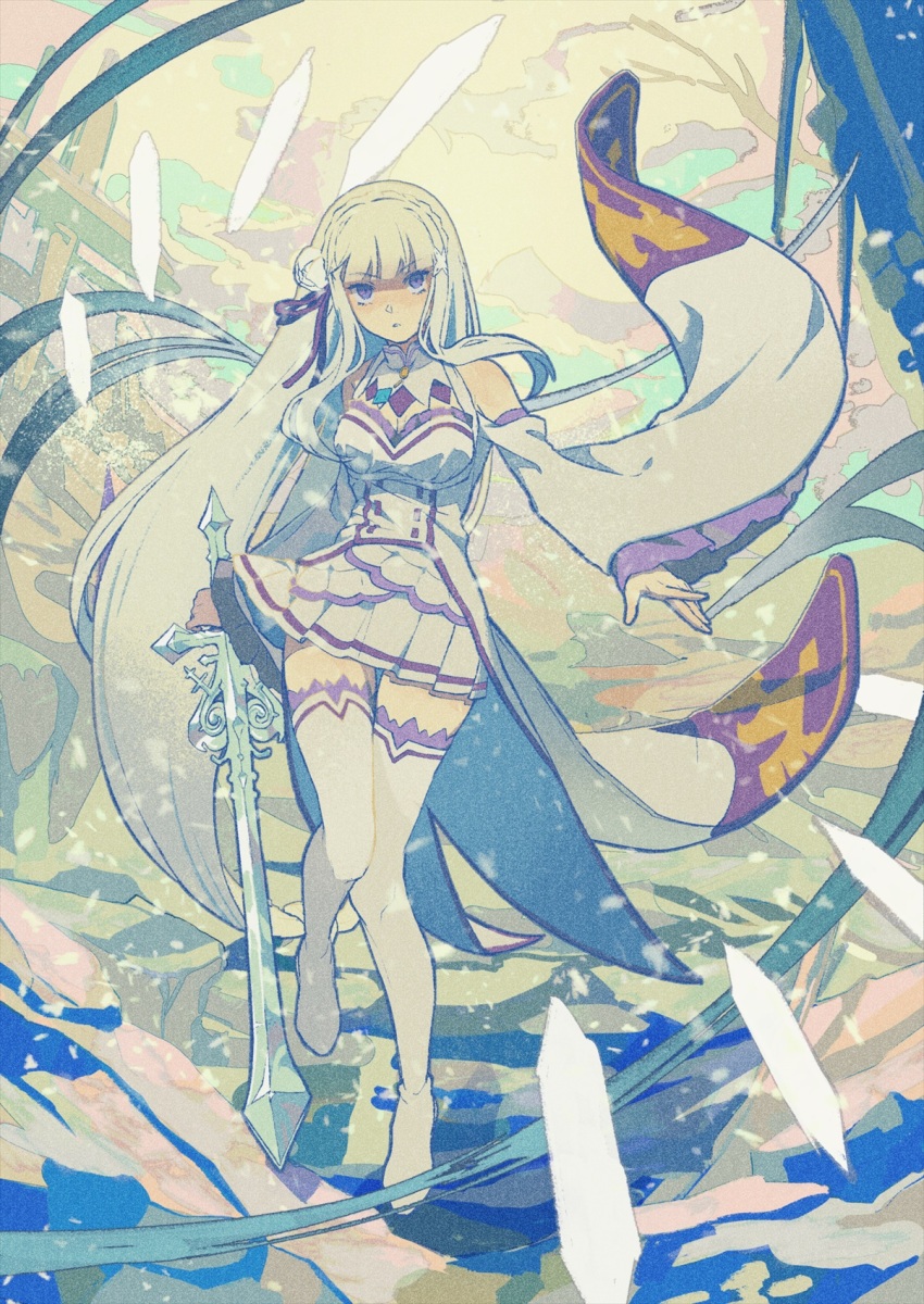 1girl bare_shoulders blunt_bangs boots breasts cleavage commentary_request detached_sleeves duplicate emilia_(re:zero) flower grey_hair hair_flower hair_ornament hair_ribbon highres holding holding_sword holding_weapon iwamushi long_hair looking_at_viewer miniskirt pleated_skirt purple_eyes purple_ribbon re:zero_kara_hajimeru_isekai_seikatsu ribbon rose skirt solo sword thigh_boots weapon white_boots white_flower white_rose white_skirt wide_sleeves