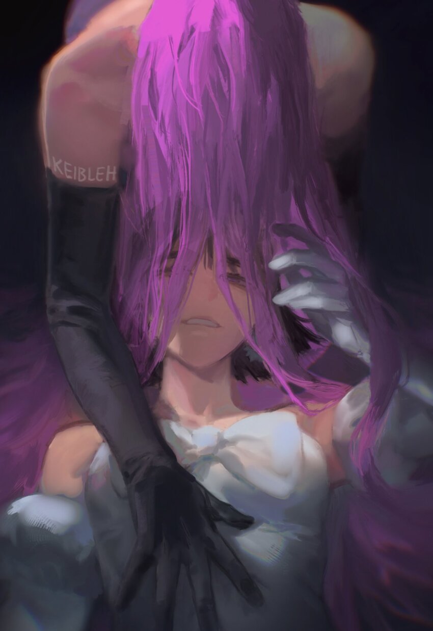 2girls alien_stage artist_name bare_shoulders black_background black_dress black_gloves black_hair bow brown_eyes chest_bow commentary dress elbow_gloves english_commentary gloves hand_up highres keibleh long_hair looking_at_another looking_up lying mizi_(alien_stage) multiple_girls on_back pink_hair short_hair simple_background sitting sleeveless sleeveless_dress smile strapless strapless_dress sua_(alien_stage) teeth white_bow white_dress white_gloves yuri