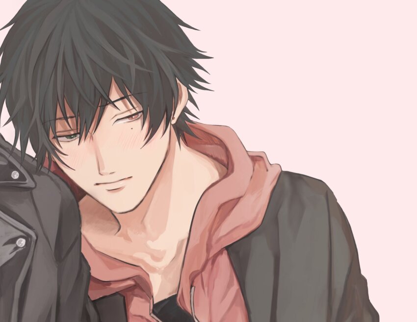 2boys aohitsugi_samatoki black_hair collarbone earrings green_eyes hair_between_eyes heterochromia hood hoodie hypnosis_mic implied_yaoi jacket jacket_over_hoodie jewelry leaning_on_person leather leather_jacket light_blush light_frown looking_to_the_side male_focus mole mole_under_eye multiple_boys portrait raised_inner_eyebrows red_eyes red_hoodie short_hair simple_background solo_focus spiked_hair stud_earrings takako_(katakoto) white_background yamada_ichiro