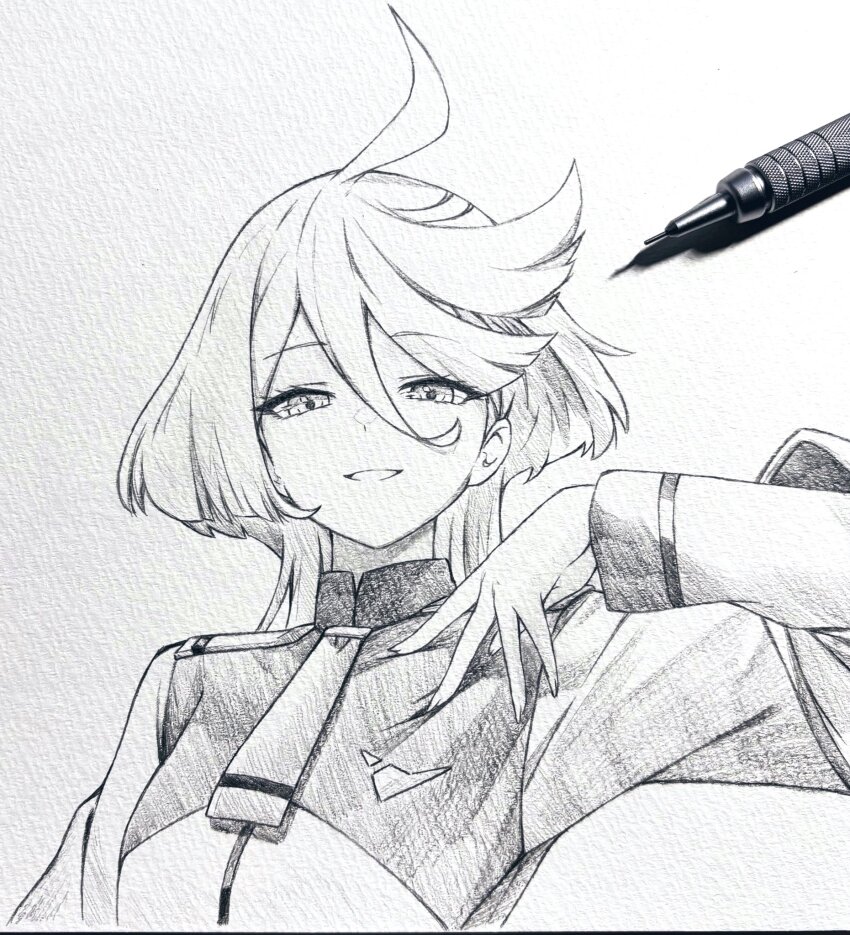 1girl ahoge art_tools_in_frame graphite_(medium) greyscale gundam gundam_suisei_no_majo hair_between_eyes highres jacket looking_at_viewer medium_hair miorine_rembran monochrome necktie photo_(medium) seishun_dendeke simple_background smile solo traditional_media upper_body white_background