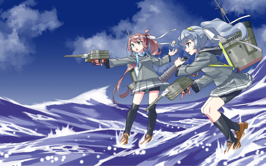 2girls adapted_turret asagumo_(kancolle) bike_shorts bike_shorts_under_skirt binoculars black_shorts black_socks black_thighhighs blue_hair blue_sky braid brown_hair cannon grey_eyes grey_jacket grey_skirt headband highres holding holding_binoculars jacket kantai_collection kazh_(kazu) long_hair long_sleeves miniskirt multiple_girls ocean official_alternate_costume official_alternate_hairstyle pleated_skirt ponytail rigging school_uniform shorts sidelocks single_braid skirt sky smokestack socks standing standing_on_liquid thighhighs wavy_hair white_headband yamagumo_(kancolle)