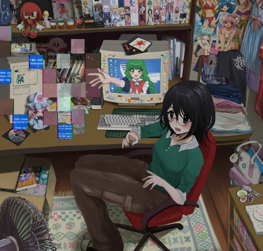 2girls absurdres aqua_(sorahane) artist_self-insert black_eyes black_hair black_shirt blastoise box cardboard_box carpet catherine_(atlus_character) catherine_(game) chair character_request ciao_(shogakukan) clutter commentary computer_keyboard copyright_request crt electric_fan embodiment_of_scarlet_devil eric_cartman figure forte_stollen fujiwara_no_mokou full_body fumo_(doll) galaxy_angel game_console gen_1_pokemon glitch green_eyes hair_between_eyes hakurei_reimu hatsune_miku highres higurashi_no_naku_koro_ni imperishable_night kagamine_len kamado_nezuko kenny_mccormick kimetsu_no_yaiba kirby kirby_(series) knuckles_the_echidna kyle_broflovski leekspin_(meme) legendary_pokemon link long_bangs long_hair looking_at_viewer lovekami lunaris_filia m40u mahou_shoujo_madoka_magica me-tan meme mewtwo microsoft_windows milfeulle_sakuraba minami_kaede_(aqua) mint_blancmanche multiple_girls my_melody nakayosi_(kodansha) nendoroid nintendo notebook office_chair onegai_my_melody open_mouth original os-tan playstation_1 pokemon poster_(object) ranpha_franboise ribon_(shueisha) rilakkuma ryuuguu_rena saigyouji_yuyuko sakura_taisen san-x sanrio saya_(saya_no_uta) saya_no_uta shameimaru_aya shinguuji_sakura shirt short_hair sitting sonic_(series) south_park stan_marsh swivel_chair sylvia_luna_infinitus table the_legend_of_zelda the_legend_of_zelda:_breath_of_the_wild through_medium through_screen tomoe_mami touhou unworn_shirt vanilla_h video_game_cover_(object) vocaloid windows_98 windows_classic windows_me wooden_chair
