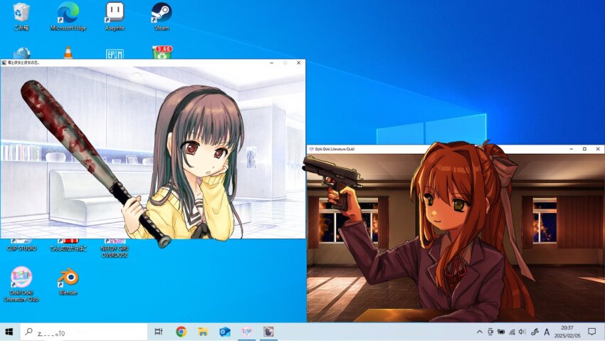 2girls baseball_bat black_hair black_hairband blender_(medium) blender_(software) blood brown_hair cardigan clip_studio_paint commentary_request crossover curtains desktop_(computing) doki_doki_literature_club google_chrome green_eyes grey_cardigan gun hairband handgun holding holding_baseball_bat holding_gun holding_weapon jacket kimi_to_kanojo_to_kanojo_no_koi. long_hair long_sleeves metal_baseball_bat microsoft_edge microsoft_windows monika_(doki_doki_literature_club) multiple_girls needy_girl_overdose ponytail shinsekai_(z_o10) shirt sidelocks sone_miyuki steam_(platform) vlc_media_player weapon window window_(computing)