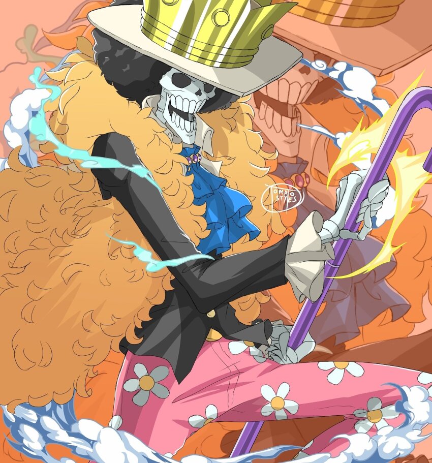 1boy afro artist_name ascot black_hair blue_ascot brook_(one_piece) cane commentary commentary_request crown_hat english_commentary frilled_sleeves frills hat highres holding holding_cane long_sleeves male_focus mixed-language_commentary one_piece open_mouth skeleton solo teeth tomato_styles
