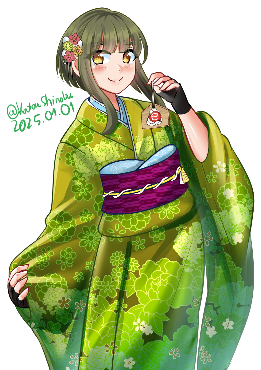 1girl absurdres alternate_costume black_gloves blunt_bangs bob_cut brown_eyes dated feet_out_of_frame fingerless_gloves floral_print flower gloves green_hair green_kimono hair_flower hair_ornament highres japanese_clothes kantai_collection katou_shinobu kimono new_year one-hour_drawing_challenge short_hair short_hair_with_long_locks sidelocks simple_background solo standing takanami_(kancolle) twitter_username white_background