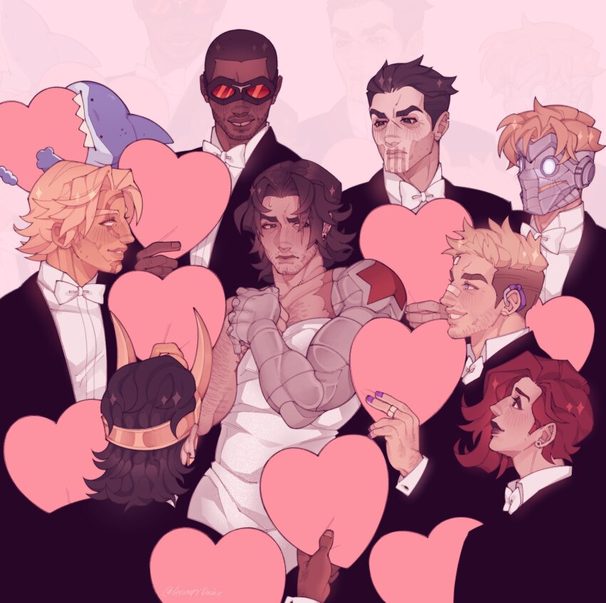 adam_warlock avengers_(series) black_widow blonde_hair blue_eyes blush brown_hair bucky_barnes captain_america_(series) clint_barton colored_skin crossdressing dark_skin dress duckiegrumpy guardians_of_the_galaxy hawkeye_(marvel) highres jeff_(marvel) loki_(marvel) male_focus marvel marvel_cinematic_universe marvel_rivals mask mechanical_arms multiple_boys natasha_romanoff open_mouth peter_quill prosthesis prosthetic_arm sam_wilson shark short_hair single_mechanical_arm star-lord the_punisher_(character) winter_soldier yaoi