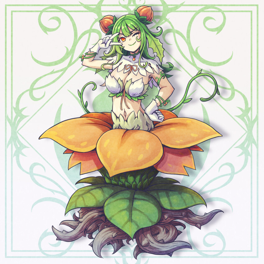 1girl alraune alruna_(gal_gun) bare_shoulders bra breasts cleavage full_body gal_guardians gal_gun_(series) gloves green_hair highres large_breasts leaf_bra medium_hair monster_girl navel official_art orange_eyes plant plant_girl smile solo tentacles underwear vines white_bra white_gloves