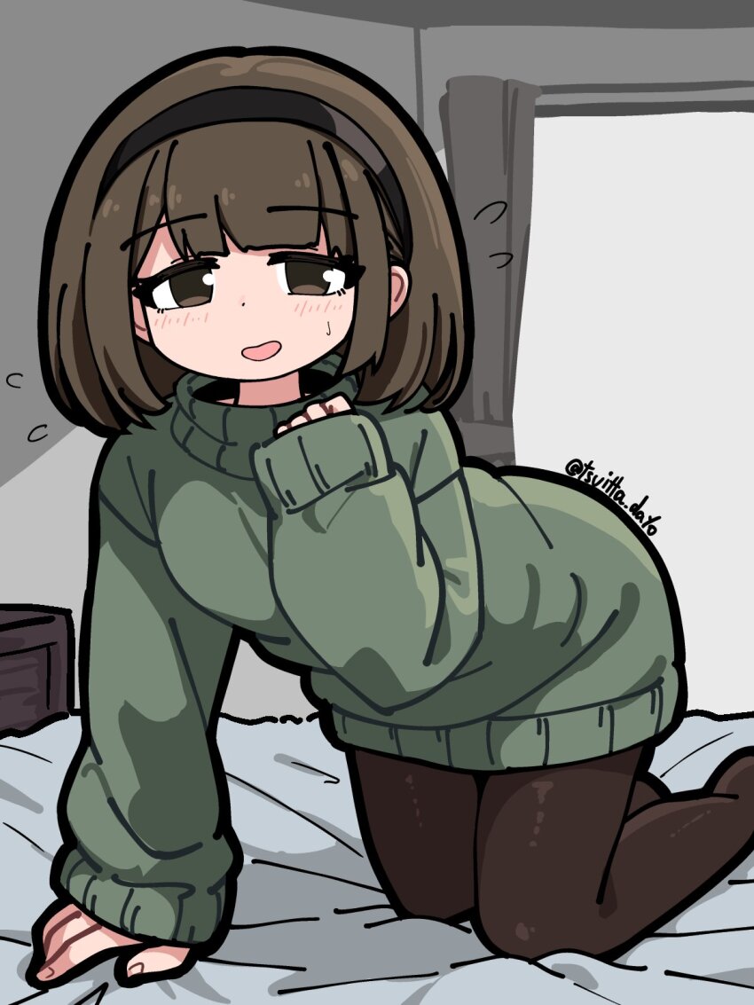 1girl artist_name black_hair black_pantyhose brown_eyes brown_hair green_sweater highres morikawagon on_bed open_mouth original pantyhose short_hair sleeves_past_wrists solo sweater