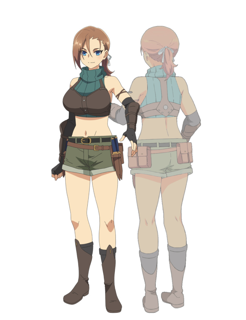 2girls anime_coloring arm_armor armor back bare_shoulders belt belt_pouch black_belt black_gloves black_socks blue_eyes boots brown_boots brown_hair closed_mouth elbow_gloves fingerless_gloves full_body gloves green_shorts green_sweater hair_ribbon highres holding holding_knife holding_weapon isouchi_yuusuke knife leather leather_armor looking_at_viewer multiple_girls multiple_views nageki_no_bourei_wa_intaishitai navel official_art ponytail pouch rhuda_runebeck ribbon short_hair short_ponytail shorts simple_background smile socks standing sweater thighs transparent_background turtleneck turtleneck_sweater weapon white_ribbon