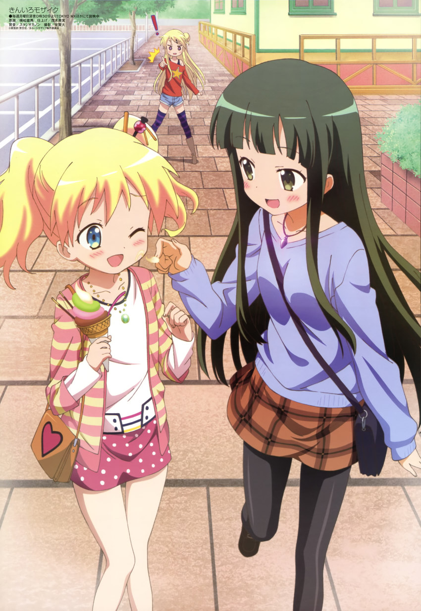 ! 10s 3girls :d ;d ^^^ absurdres alice_cartelet bag black_hair black_legwear blonde_hair blue_eyes blush boots brown_eyes casual food food_on_face food_on_hand hair_bun hair_ornament hairclip handbag highres ice_cream jewelry kin-iro_mosaic kujou_karen legs long_hair megami_magazine multiple_girls necklace non-web_source off-shoulder_shirt off_shoulder official_art one_eye_closed oomiya_isami open_mouth outdoors pantyhose plaid_clothes plaid_skirt pointing polka_dot polka_dot_skirt railing shirt shoes shorts single_hair_bun skirt smile striped_clothes striped_legwear striped_pantyhose thighhighs tree twintails vertical-striped_clothes vertical-striped_pantyhose very_long_hair wink x_hair_ornament yokomatsu_yuuma
