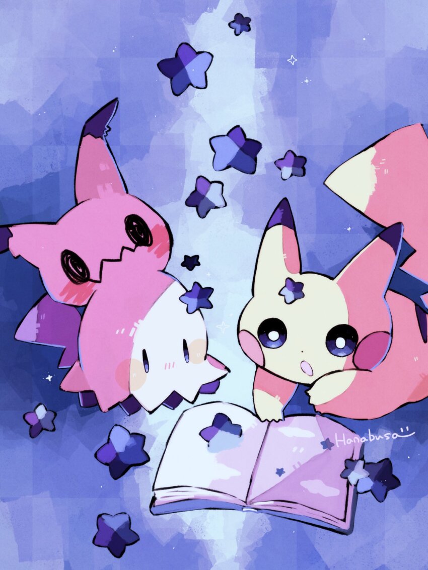 :o blue_background book bright_pupils colored_skin dot_nose gen_1_pokemon gen_7_pokemon hanabusaoekaki highres light_blush mimikyu nintendo no_humans open_book pikachu pokemon pokemon_(creature) solid_oval_eyes star_(symbol) tail white_pupils yellow_skin