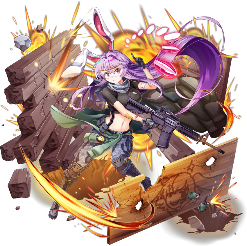1girl :&lt; alternate_costume ammunition_pouch animal_ears animal_print assault_rifle bandaid bandaid_on_arm bandana bandana_around_neck belt belt_pouch bespectacled black_belt black_gloves black_shirt boots breasts brick_wall broken_wall bullet bullet_hole camouflage camouflage_pants character_print closed_mouth clothes_around_waist colt_commando combat_boots crack danmaku dog_tags explosive finger_gun floating_hair full_body game_cg glasses gloves grenade grey_bandana grey_boots grey_pants gun highres holding holding_gun holding_weapon hole inaba_tewi jacket jacket_around_waist knee_pads lace-up_boots long_hair looking_at_viewer m4_carbine midriff navel official_art pants pants_tucked_in pouch purple_hair rabbit_ears rabbit_girl rabbit_print red_eyes reisen_udongein_inaba reisen_udongein_inaba_(rabbit_soldier) rifle rock rotte_(1109) safety_glasses shirt short_sleeves solo third-party_source touhou touhou_lostword transparent_background trigger_discipline under_fire urban_camouflage very_long_hair weapon