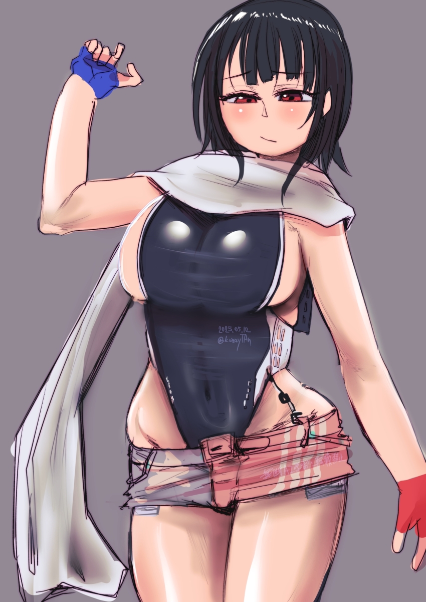 1girl american_flag american_flag_print american_flag_skirt black_hair black_one-piece_swimsuit blue_gloves breasts cosplay fingerless_gloves flag_print gloves highleg highleg_one-piece_swimsuit highres kantai_collection kozzy.ta large_breasts one-piece_swimsuit print_skirt red_eyes red_gloves scarf short_hair sideboob skirt solo super_highleg swimsuit takao_(kancolle) two-tone_one-piece_swimsuit wahoo_(kancolle) wahoo_(kancolle)_(cosplay) white_one-piece_swimsuit white_scarf