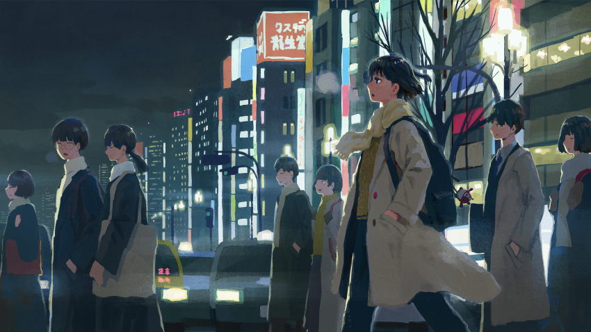 1girl absurdres backpack bag bag_charm black_hair bloom blue_pants breath building buttons car charm_(object) city coat commentary english_commentary feet_out_of_frame from_side hayashi_naoyuki highres motor_vehicle night open_mouth original outdoors pants people scarf shirt short_hair traffic walking white_coat yellow_scarf yellow_shirt