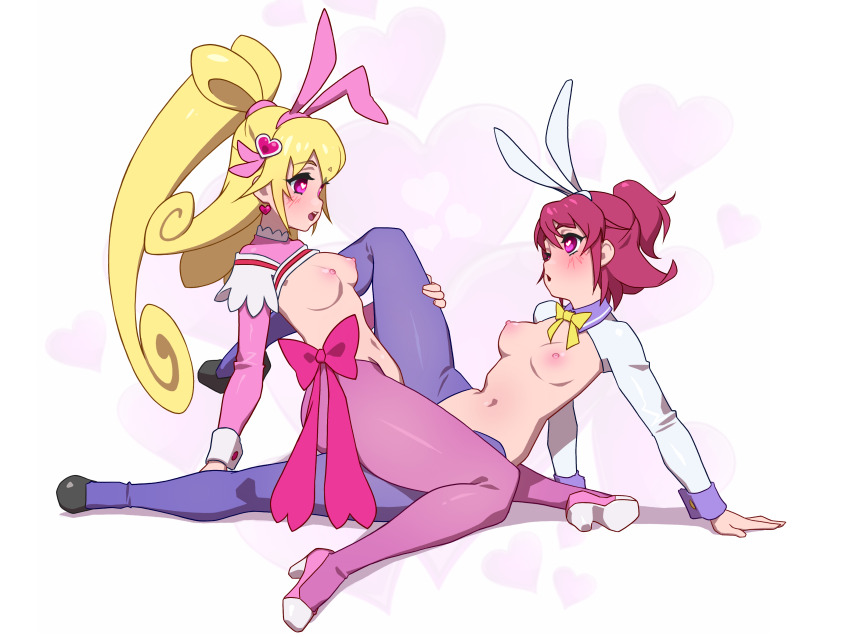 2girls absurdres aida_mana animal_ears blonde_hair blush breasts cure_heart dokidoki!_precure hair_ornament heart heart-shaped_pupils highres long_hair long_sleeves looking_at_another meme_attire multiple_girls navel nypdesu open_mouth pink_eyes pink_hair precure rabbit_ears reverse_bunnysuit reverse_outfit selfcest sex simple_background small_breasts symbol-shaped_pupils tagme tribadism white_background yuri