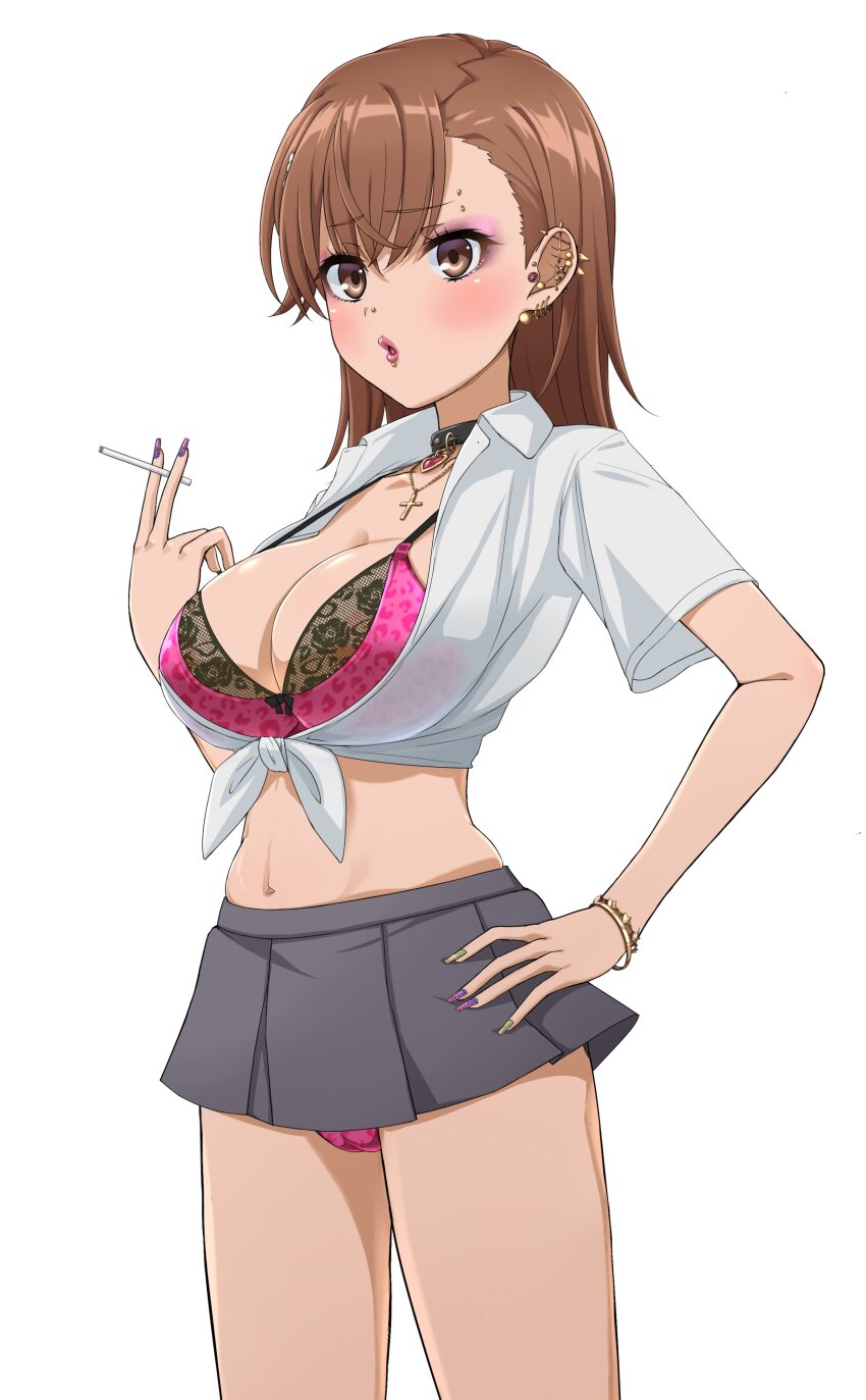 1girl :o absurdres adapted_costume alternate_breast_size animal_print areola_slip asymmetrical_bangs barbell_piercing bimbofication black_bra black_collar black_panties blush bow bow_panties bra bracelet breasts brown_eyes brown_hair cameltoe cigarette collar collared_shirt commission cross cross_necklace dress_shirt ear_piercing earrings eyeshadow face_piercing grey_skirt hand_on_own_hip heart heart_earrings highres holding holding_cigarette jahmonger jewelry large_breasts leopard_print lip_piercing lipstick looking_at_viewer makeup medium_hair microskirt midriff misaka_mikoto multicolored_nails navel necklace nose_piercing open_clothes open_shirt panties parted_lips piercing pink_bra pink_panties pleated_skirt purple_eyeshadow purple_nails school_uniform see-through_clothes shirt short_sleeves simple_background skirt solo stomach strap_gap studded_collar tied_shirt toaru_kagaku_no_railgun toaru_majutsu_no_index tokiwadai_school_uniform too_many too_many_piercings underwear white_background white_shirt wing_collar
