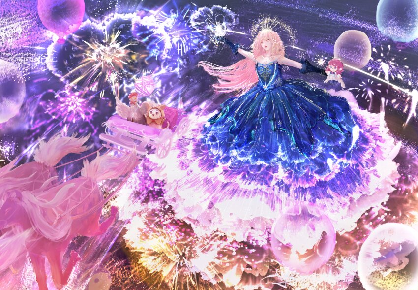 1girl absurdres animal bare_shoulders bird black_gloves blonde_hair blue_dress bow bowtie bracelet brown_eyes bubble carriage cat chicken circle_skirt cloak closed_mouth clothed_animal commentary commentary_request dress ear_covers english_commentary eyelashes faewish_sprite fireworks floating floating_hair frilled_dress frilled_gloves frills full_body gloves gown happy highres hood hood_up hooded_cloak horse infinity_nikki jewelry lipstick long_hair looking_ahead makeup mixed-language_commentary momo_(nikki) nemi_suirou night nikki_(nikki) nikki_(series) ocean official_alternate_color outdoors outstretched_arms pink_eyes pointy_ears purple_eyes red_bow red_bowtie red_hair red_lips scintillada_(infinity_nikki) short_hair smile standing stardust_flare_(infinity_nikki) strapless strapless_dress very_long_hair white_cat yellow_cloak