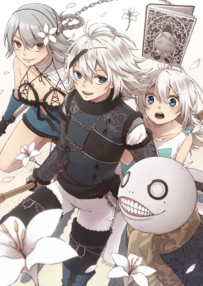 2boys absurdres blue_eyes breasts brother_and_sister closed_mouth dress emil_(nier) flower gloves grimoire_weiss hair_ornament highres kaine_(nier) lingerie long_hair looking_at_viewer multiple_boys multiple_girls negligee nier nier_(series) open_mouth siblings smile solo tamakingx422x underwear white_dress white_hair yonah