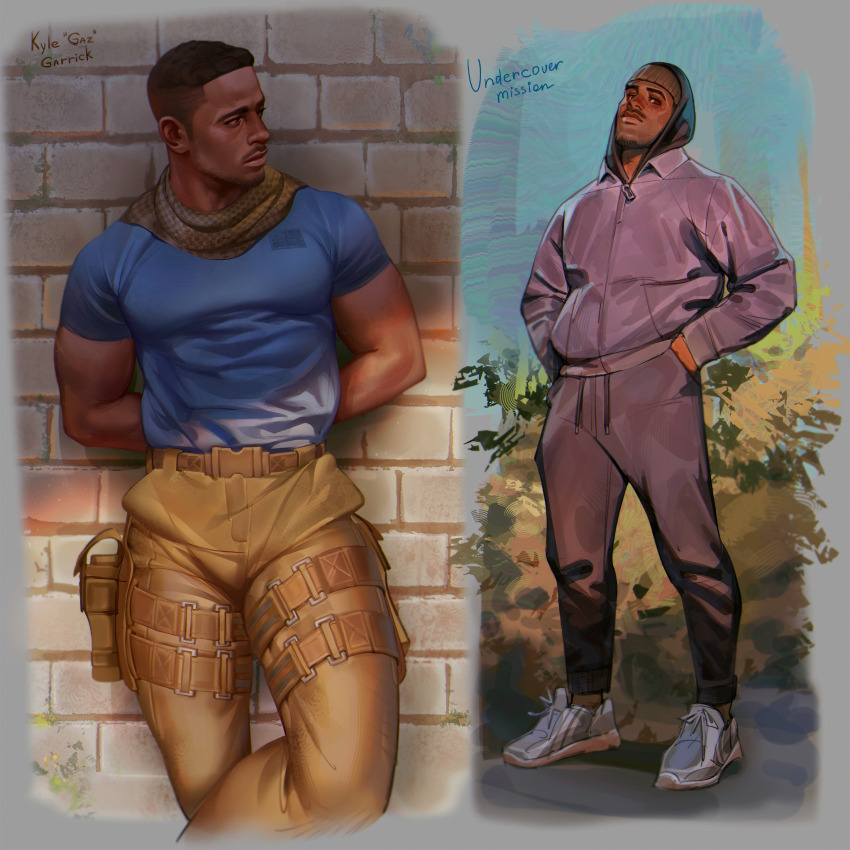 1boy arms_behind_back bara black_hair black_pants blue_shirt brown_pants brown_scarf call_of_duty call_of_duty:_modern_warfare_2 character_name closed_mouth dark-skinned_male dark_skin english_text facial_hair gaz_(call_of_duty_4) grey_jacket hands_in_pockets hat highres hood hood_up hooded_jacket jacket large_pectorals male_focus muscular muscular_male pants pectorals sasha_shkret scarf shirt short_hair
