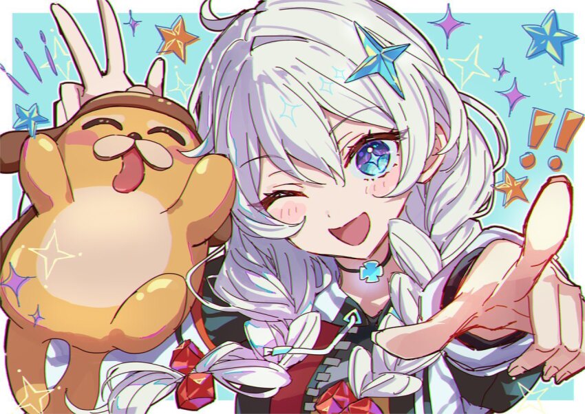 ! !! 1girl ;o ahoge black_jacket blue_background blue_eyes border braid commentary_request hair_ornament honkai:_nexus_anima honkai_(series) jacket jewelry kiana_kaslana long_hair necklace one_eye_closed papipiko star_(symbol) star_hair_ornament twin_braids upper_body w white_border white_hair