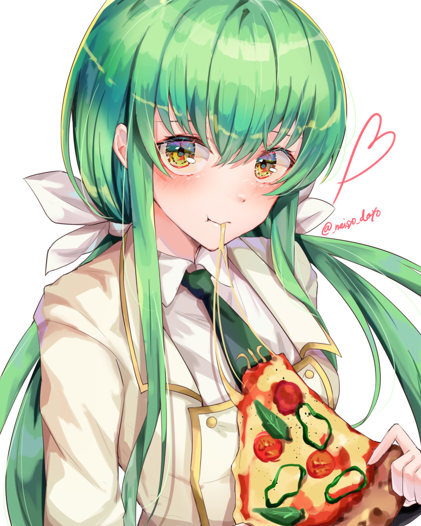 1girl :t absurdres ashford_academy_school_uniform bow c.c. cheese cheese_trail code_geass collared_shirt eating eyebrows_hidden_by_hair floating_hair food green_hair green_necktie hair_between_eyes hair_bow highres jacket long_hair looking_at_viewer low_twintails necktie pizza pizza_slice school_uniform shirt solo twintails twitter_username upper_body white_background white_bow white_jacket white_shirt wing_collar yellow_eyes yuunamida_uyu