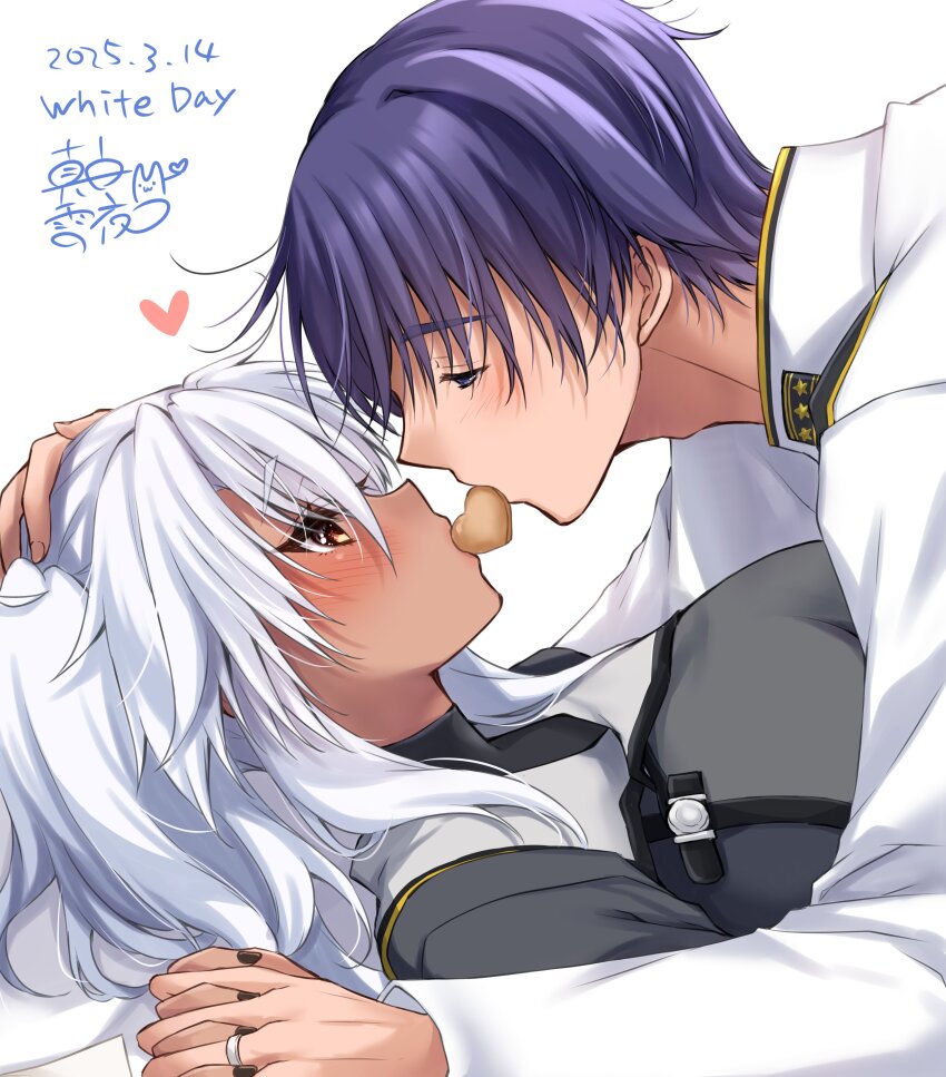 1boy 1girl absurdres admiral_(kancolle) black_nails blush breasts brown_eyes dark-skinned_female dark_skin dated food heart heart-shaped_food highres holding_hands interlocked_fingers jewelry kantai_collection long_hair mashiro_yukiya military_uniform musashi_(kancolle) musashi_kai_ni_(kancolle) naval_uniform purple_hair ring shared_food signature white_hair
