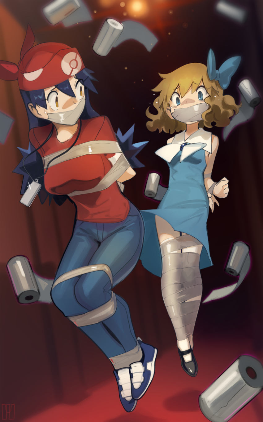 2girls absurdres bandana bdsm black_hair black_shoes blue_bow blue_dress blue_eyes blue_shoes blurry bondage bound bow breasts cad_(caddo) commentary commission dress english_commentary gag glint hair_between_eyes hair_bow highres hopping improvised_gag jumping lisa_(pokemon) long_hair looking_back medium_hair molly_hale multiple_girls nintendo pants pokemon pokemon_(anime) pokemon_(classic_anime) pokemon_3:_the_movie_-_spell_of_the_unown:_entei red_bandana red_shirt second-party_source shirt shoes short_sleeves sleeveless sleeveless_dress socks tape tape_bondage tape_gag white_socks