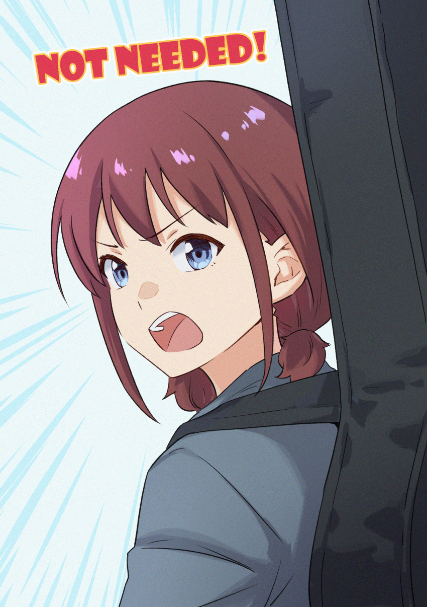 1girl absurdres blue_eyes brown_hair commentary english_commentary girls_band_cry guitar_case highres instrument_case instrument_on_back iseri_nina low_twintails open_mouth short_hair short_twintails solo summer_left teeth twintails upper_teeth_only