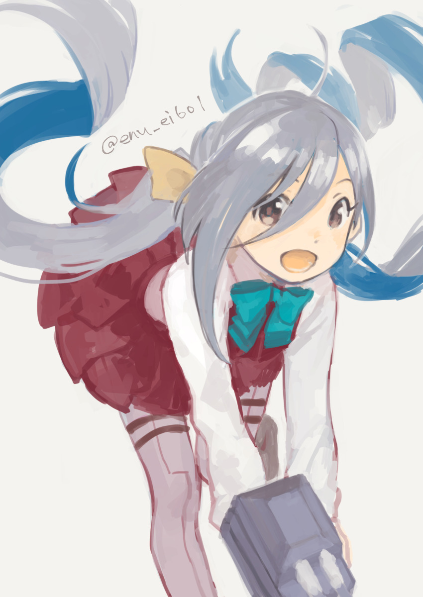 1girl :d asymmetrical_sidelocks blue_bow blue_bowtie bow bowtie brown_eyes commentary_request dress feet_out_of_frame floating_hair grey_hair grey_pantyhose hair_between_eyes hair_bow highres holding holding_turret kantai_collection karamomo kiyoshimo_(kancolle) leaning_forward long_hair long_sleeves looking_at_viewer low_twintails one-hour_drawing_challenge open_mouth pantyhose parted_bangs pleated_dress red_dress shirt sidelocks simple_background sleeveless sleeveless_dress smile solo standing standing_on_one_leg swept_bangs thigh_strap turret twintails twitter_username very_long_hair white_background white_shirt yellow_bow