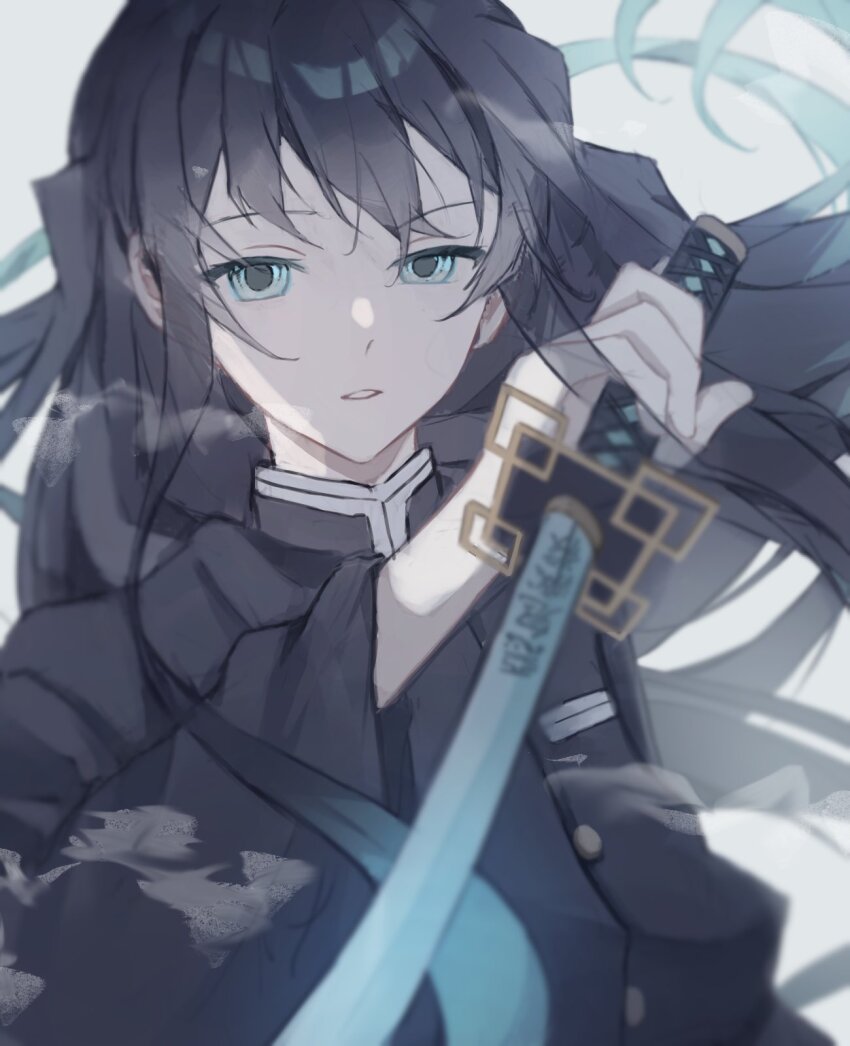 1boy aqua_eyes aqua_hair black_hair gradient_hair highres holding holding_sword holding_weapon kagaku_o kimetsu_no_yaiba long_hair long_sleeves looking_at_viewer male_focus multicolored_hair open_mouth solo sword sword_writing tokitou_muichirou two-tone_hair weapon wide_sleeves
