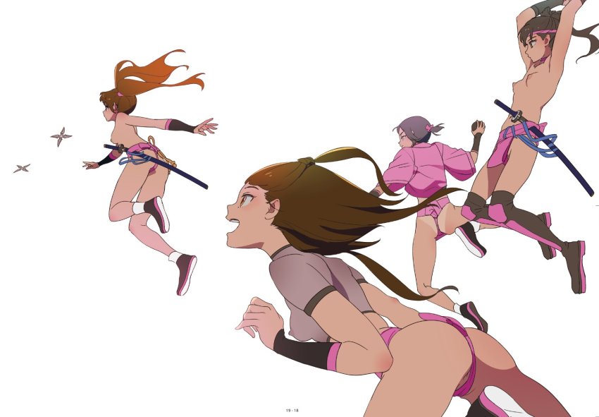 4girls ass black_hair boots breasts brown_hair covered_erect_nipples crop_top female_focus fighting_stance fundoshi headband highres japanese_clothes jumping katana long_hair mebae multiple_girls ninja nipples open_mouth original partially_visible_vulva profile sheath sheathed shoes shuriken side_ponytail simple_background small_breasts socks sword tan tanline thigh_boots thighhighs topless_female weapon white_background