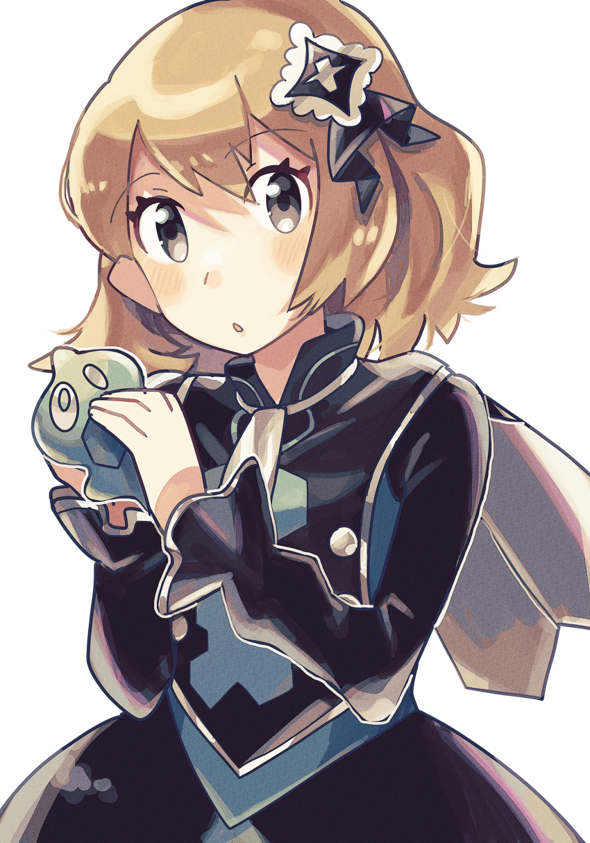 1girl :o anidler91 black_dress blonde_hair dress gen_6_pokemon grey_eyes hair_ornament hands_up highres holding holding_pokemon legendary_pokemon long_sleeves nintendo open_mouth pokemon pokemon_(creature) pokemon_masters_ex serena_(pokemon) serena_(sygna_suit)_(pokemon) short_hair simple_background solo white_background zygarde zygarde_cell