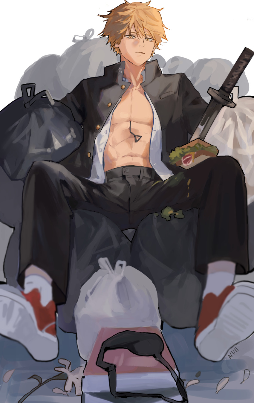 1boy absurdres artist_name belt black_pants blonde_hair chainsaw_man collared_shirt commentary denji_(chainsaw_man) eyepatch flower food from_below full_body gakuran highres katana korean_commentary looking_at_viewer male_focus null_(skev7724) open_clothes open_shirt pants petals sandwich school_uniform shirt shoes short_hair simple_background sitting solo sword teeth toned toned_male trash_bag weapon white_background white_shirt yellow_eyes
