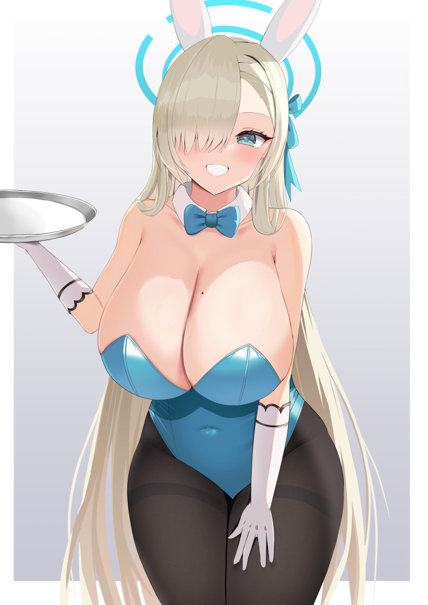 1girl absurdres animal_ears asuna_(blue_archive) asuna_(bunny)_(blue_archive) blonde_hair blue_archive blue_bow blue_bowtie blue_eyes blue_halo blue_leotard bow bowtie breasts commentary_request detached_collar fake_animal_ears gloves hair_over_one_eye halo highres holding holding_tray huge_breasts leaning_forward leotard long_hair looking_at_viewer mole mole_on_breast official_alternate_costume pantyhose playboy_bunny rabbit_ears rita_(utya4488) smile strapless strapless_leotard thighband_pantyhose traditional_bowtie tray very_long_hair white_gloves