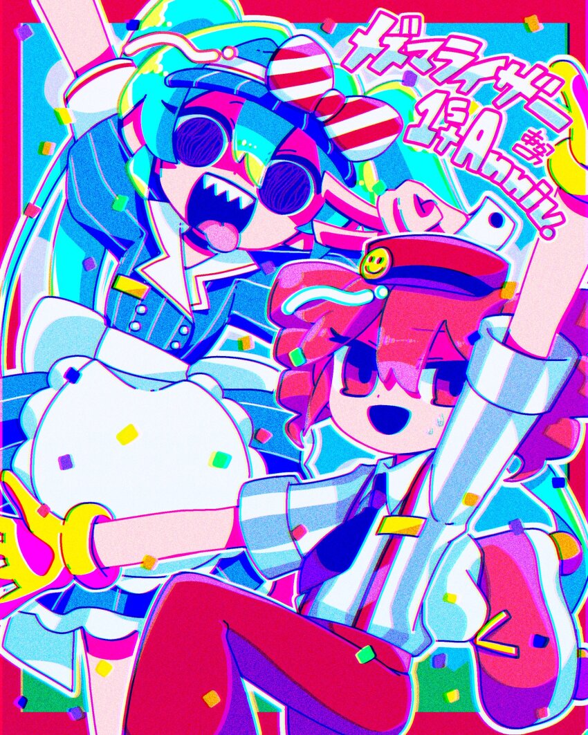 2girls akao_(akao_red08) alternate_costume anniversary apron arm_up black_eyes blue_background blue_hat border bow buttons commentary_request confetti double-breasted drill_hair gloves hair_between_eyes hat hat_bow hatsune_miku highres kasane_teto kepi kneeling layered_sleeves leg_up long_sleeves mesmerizer_(vocaloid) military_hat multiple_girls open_mouth outside_border outstretched_arm pinstripe_hat red_border red_bow red_eyes red_hat roller_skates sailor_collar short_over_long_sleeves short_sleeves skates smiley_hat_ornament solid_circle_eyes standing standing_on_one_leg sweat translation_request twin_drills utau v vocaloid waist_apron white_apron white_bow white_wrist_cuffs wrist_cuffs yellow_gloves