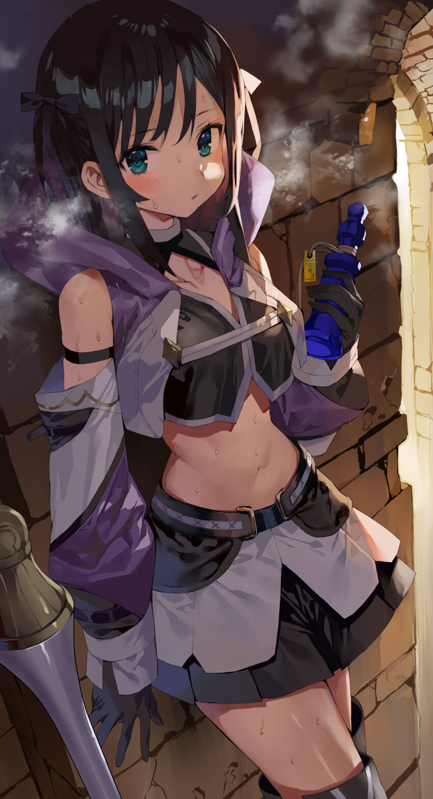 1girl absurdres against_wall alina_clover black_footwear black_gloves black_hair black_ribbon black_shirt blue_eyes blush breasts crop_top cropped_jacket detached_sleeves gaou_(umaiyo_puyoman) gloves guild_no_uketsukejou_desu_ga_zangyou_wa_iya_nanode_boss_wo_solo_toubatsu_shiyou_to_omoimasu hair_ribbon highres holding looking_at_viewer medium_breasts medium_hair navel official_art open_mouth ribbon second-party_source shirt solo steaming_body stomach sweat