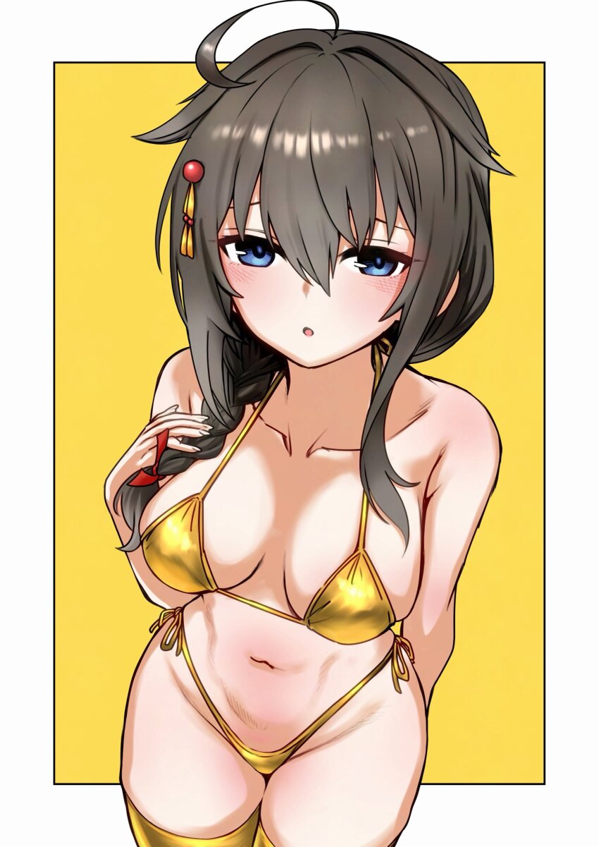 1girl ahoge bikini black_hair blue_eyes braid breasts cowboy_shot from_above gold_bikini gold_thighhighs gouta_(nagishiro6624) hair_flaps hair_over_shoulder highleg highleg_bikini highres kantai_collection long_hair medium_breasts outside_border shigure_(kancolle) shigure_kai_san_(kancolle) side-tie_bikini_bottom single_braid solo swimsuit yellow_background