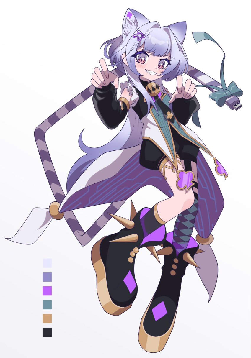 1girl animal_ear_fluff animal_ears asymmetrical_legwear bell blush boots cat_ears cat_girl checkered_clothes checkered_legwear detached_sleeves duel_monster full_body hair_ornament highres maliss_&lt;p&gt;_chessy_cat neck_bell parted_lips purple_eyes purple_hair sharuto_ryuz short_hair simple_background smile solo usb white_background yu-gi-oh!