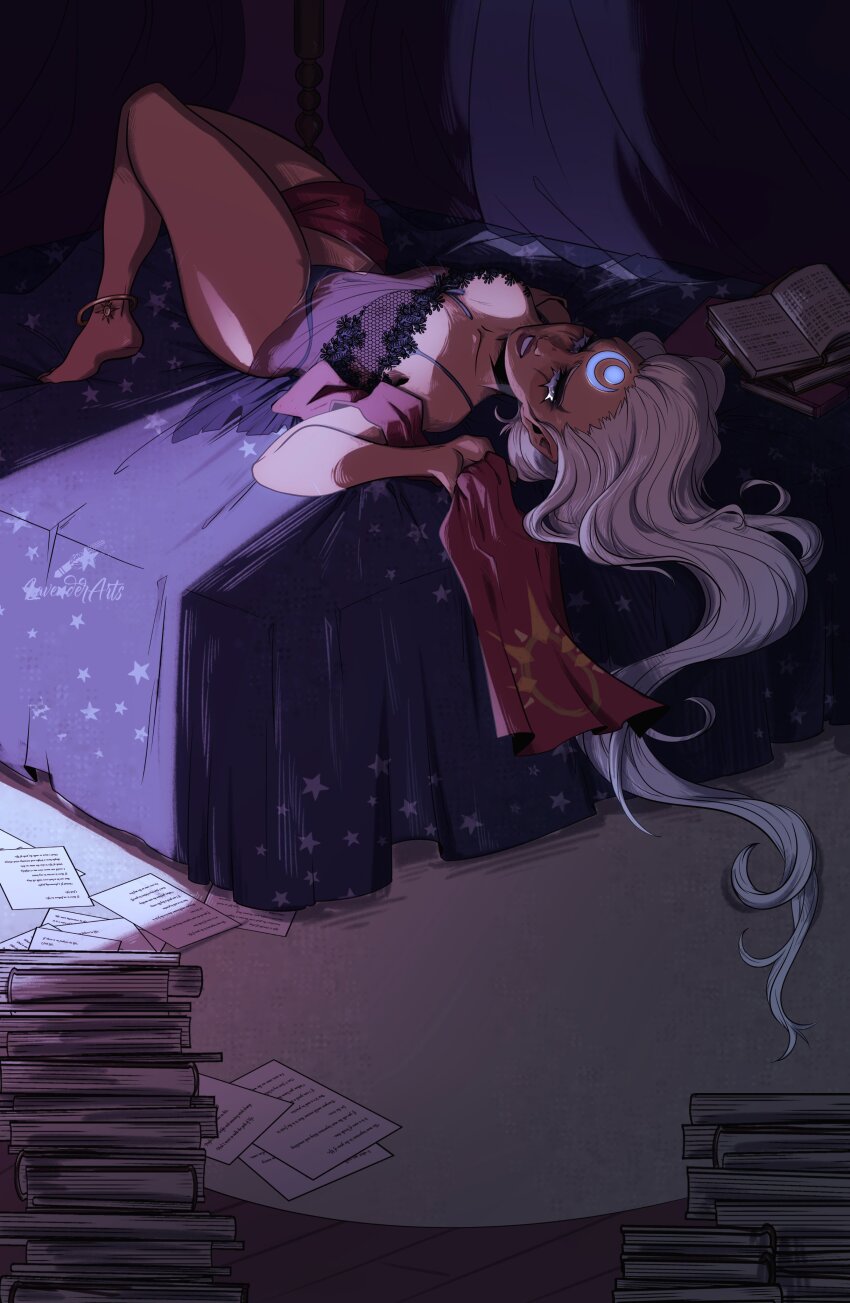 1girl absurdres alternate_costume anklet bare_shoulders bed book book_stack breasts collarbone curtains diana_(league_of_legends) facial_mark forehead_mark grey_eyes grey_hair highres jewelry knees_up large_breasts lavenderarts league_of_legends long_hair looking_at_viewer lying on_back open_book paper see-through_clothes solo teeth