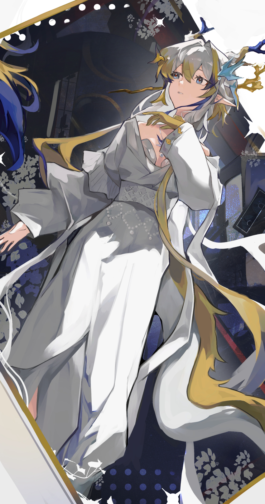 1girl absurdres arknights artistic_error blonde_hair blue_eyes blue_hair breasts check_clothing clothing_request dragon_horns dragon_tail dress feet_out_of_frame grey_hair hand_up highres horns linkai long_hair looking_to_the_side missing_commentary multicolored_hair multicolored_horns parted_lips pointy_ears shu_(arknights) small_breasts solo streaked_hair tail very_long_hair white_dress yellow_hands