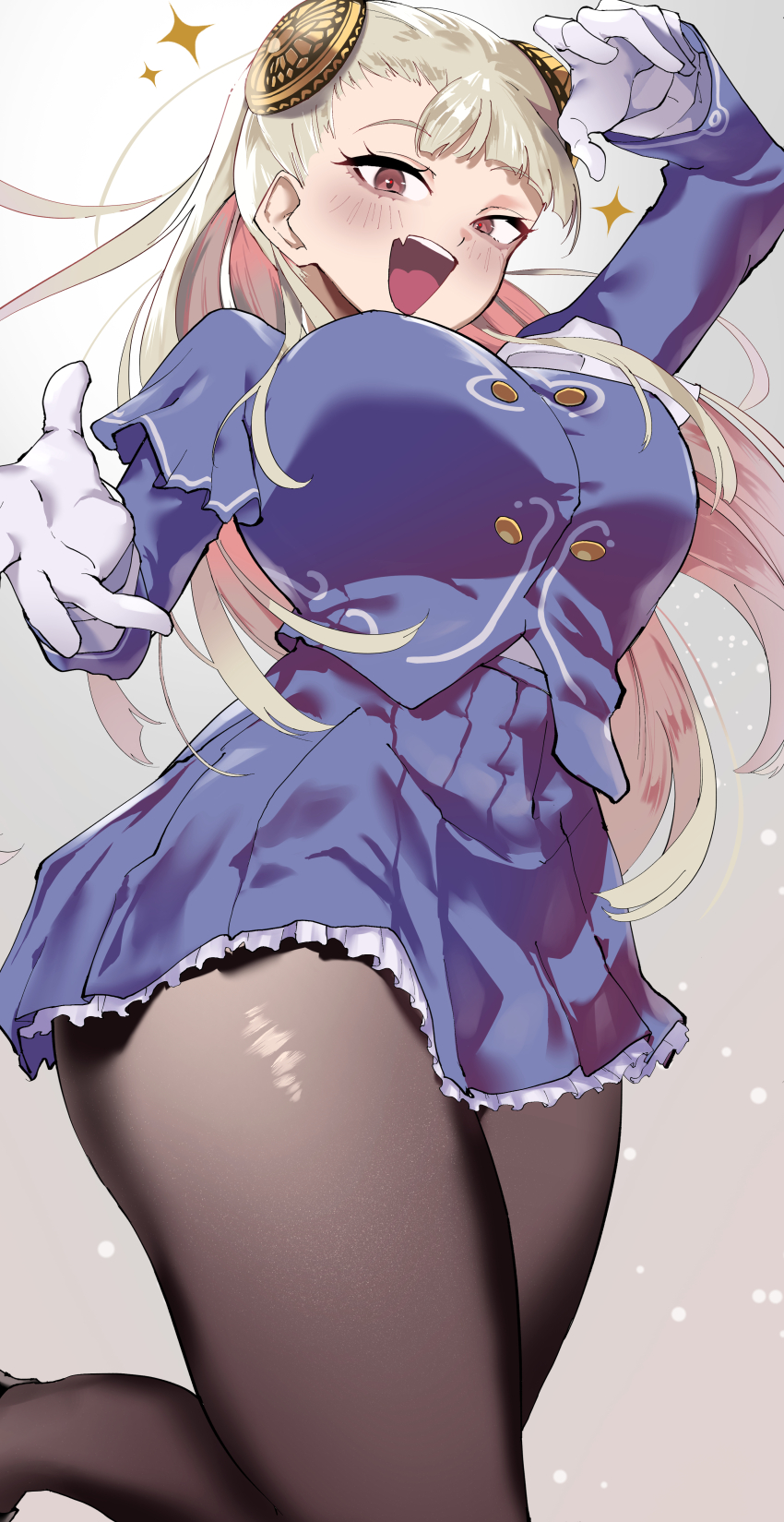 1girl absurdres black_pantyhose blonde_hair blue_shirt blue_skirt blush breasts capcom_fighting_jam commentary cowboy_shot gloves hairpods highres ingrid_(capcom) long_hair looking_at_viewer medium_breasts open_mouth pantyhose red_eyes ribbon sato_one1 shirt skirt solo street_fighter thighs white_background white_gloves white_hair