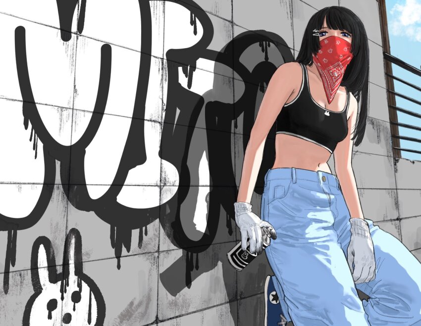 1girl against_wall alternate_costume baggy_pants bandana bandana_over_mouth black_hair black_sports_bra blue_pants blue_shoes blue_sky blunt_bangs breasts can cleavage cloud commentary_request concrete converse covered_mouth day denim foot_against_wall foot_out_of_frame gloves graffiti hair_ornament hairclip highres holding holding_can jeans konnyaroumaru long_hair looking_at_viewer medium_breasts midriff navel nijisanji pants purple_eyes red_bandana shoes sky sneakers solo sports_bra spray_paint standing standing_on_one_leg tsukino_mito virtual_youtuber white_gloves work_gloves