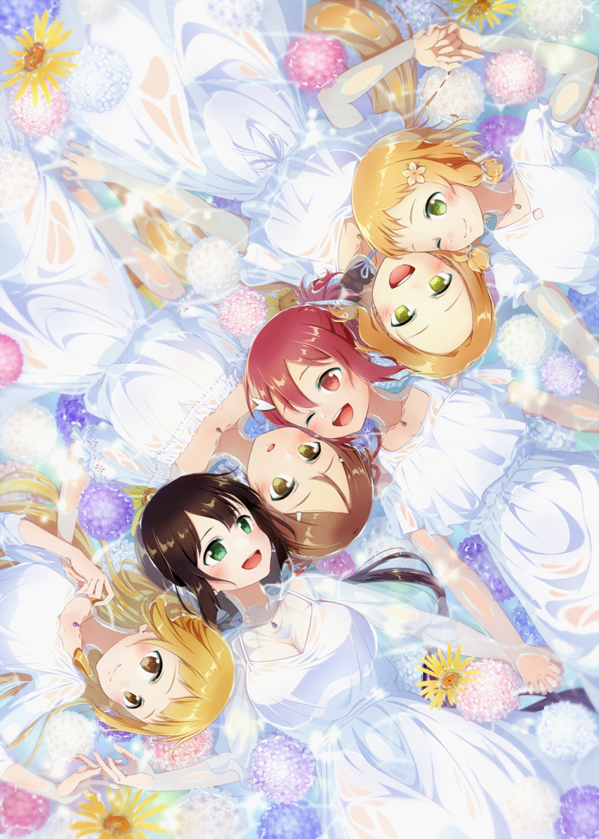 6+girls :d ;d blonde_hair brown_eyes brown_hair closed_mouth dress eda_udon flower from_above green_eyes hair_between_eyes hair_flower hair_ornament highres holding_hands interlocked_fingers inubouzaki_fuu inubouzaki_itsuki jewelry long_hair lying miyoshi_karin multiple_girls necklace nogi_sonoko on_back one_eye_closed open_mouth pendant pink_flower red_eyes red_hair short_hair short_sleeves sidelocks smile sundress tougou_mimori very_long_hair wet wet_clothes wet_dress white_dress yellow_flower yuuki_yuuna yuuki_yuuna_wa_yuusha_de_aru yuusha_de_aru