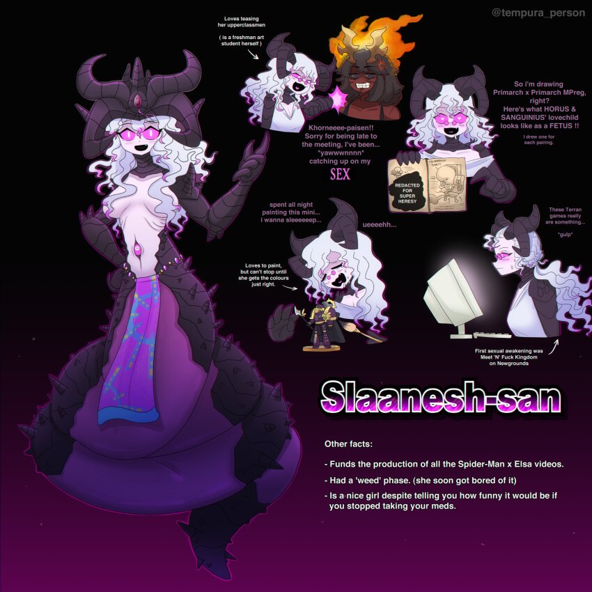 2girls :d absurdres anger_vein angry black_background black_hair book breasts chaos_(warhammer) closed_eyes colored_skin computer crown demon_girl demon_horns english_text fire fire_hair genderswap genderswap_(otf) glasses grey_hair highres holding holding_book holding_paintbrush horns khorne lamia large_breasts long_hair looking_at_viewer miniature monitor monster_girl multicolored_hair multiple_girls multiple_views open_mouth paintbrush pelvic_curtain pince-nez pink_eyes pink_hair pink_skin purple_background red_skin short_hair slaanesh smile snake_tail spiked_tail tail tempura_person two-tone_hair very_long_hair warhammer_40k wavy_hair