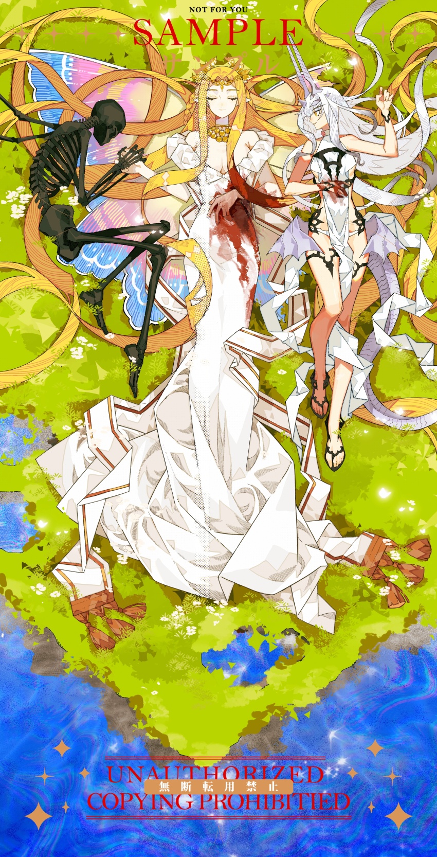 2girls absurdly_long_hair absurdres aurora_(fate) bare_arms bare_legs blonde_hair blood blood_in_hair blood_on_clothes blood_on_hands bow braid breasts breasts_apart butterfly_wings chinese_commentary circlet closed_eyes commentary_request curtained_hair death dragon_girl dragon_horns dragon_tail dragon_wings dress elf fate/grand_order fate_(series) flower forked_eyebrows full_body high_heel_sandals highres horns insect_wings light_smile long_dress long_hair looking_at_another low_neckline low_wings lower_eyelashes_only lying medium_breasts melusine_(fate) melusine_(swimsuit_ruler)_(fate) melusine_(swimsuit_ruler)_(second_ascension)_(fate) momo_007 multiple_girls ocean off-shoulder_dress off_shoulder on_back on_grass on_side parted_lips pointy_ears profile ringed_eyes sample_watermark sandals sidelocks skeleton small_breasts spoilers tail toes train_(clothing) turning_head u_u very_long_hair watermark white_bow white_dress white_flower white_hair wings yellow_eyes