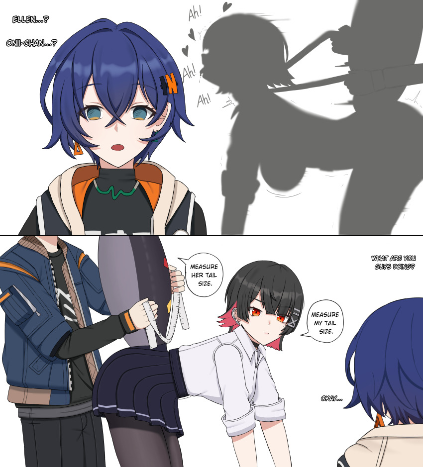 1boy 2girls absurdres all_fours belle_(zenless_zone_zero) bent_over black_hair black_jacket black_pants black_shirt black_skirt blue_eyes blue_hair blue_jacket breasts brother_and_sister commentary ellen_joe english_commentary english_text expressionless from_side hair_between_eyes hair_ornament hairclip highres holding_another&#039;s_tail jacket looking_at_another looking_at_viewer measuring medium_breasts medium_hair miniskirt moaning multicolored_hair multiple_girls na_(naneesan1) open_clothes open_jacket pants pantyhose pleated_skirt red_hair sexually_suggestive shirt siblings silhouette skirt standing tail tail_grab thighs two-tone_hair white_shirt wise_(zenless_zone_zero) x_hair_ornament zenless_zone_zero